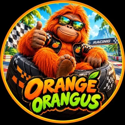 OrangeOrangus mascot: an orangutan in sunglasses sitting in a racing tyre